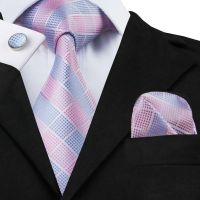 C-1198 Fashion Silk Jacquard Tie Light Blue Pink Plaid Tie Hanky Cufflinks Set Ties For Men Business Wedding Party