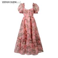 ▦✘ n4rn 2023 doce princesa gravata corante colorido flor impressão organza vestido de baile feminino estilo puff manga swing maxi longo robe