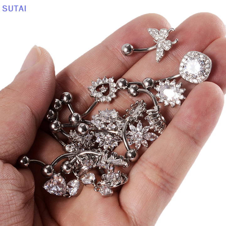 lowest-price-sutai-แหวนสะดือคริสตัลทำจากสเตนเลสสตีลแหวนกระดุมสะดือรูปผีเสื้อเจาะสะดือเครื่องประดับร่างกาย