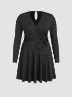 Cider V-neck Bowknot Ruffle Hem Mini Dress Curve &amp; Plus