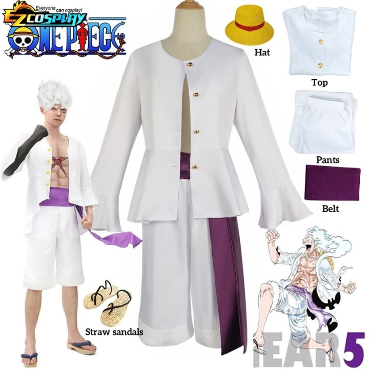 White Luffy Cosplay Anime Gear 5 Nika Form Costume Outfit Adult Kid Full  Set White Shirt Pants Sash Wigs