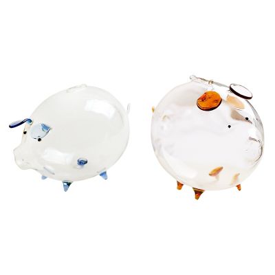 2x Pig Piggy Bank Money Boxes Coin Saving Box Cute Transparent Glass Souvenir Birthday Gift Blue &amp; Brown