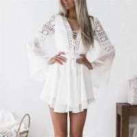 【Ladies shop】 Hollow Out WhiteSexy WomenChiffon Semi Sheer CheckeredPlunge V Neck Long Sleeve CrochetDress สีดำ