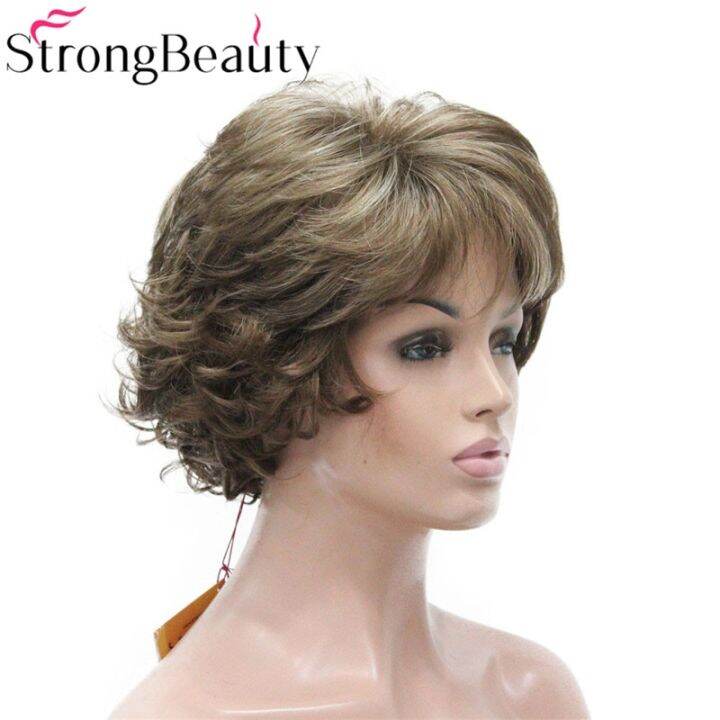 strongbeauty-วิกผมสตรีขนสั้นวิกผมทนความร้อนใยสังเคราะห์หยิกไม่มีหมวก