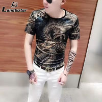 Lansboter เสื้อยืดแขนสั้นสำหรับผู้ชายเข้ารูปพอดีคอกลม3D เสื้อยืดพิมพ์ลายมังกร