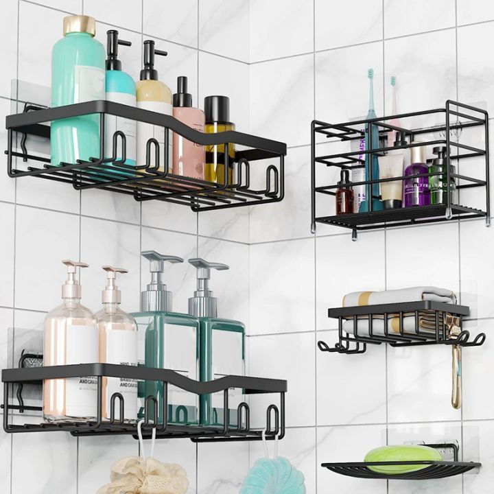 5-pack-strong-adhesive-shower-organizer-shelf-soap-dish-holders-with-hooks-rustproof-wall-mounted-shower-shelves