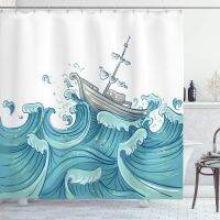 Nautical Shower Curtain Ship Being Tossed by Giant Ocean Waves Aquatic Old Vessel Sea Journey Waterproof Bathroom Curtain