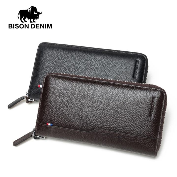 bison-denimแฟชั่นแบรนด์ผู้ชายกระเป๋าสตางค์หนังแท้ยาวซิปกระเป๋าความจุขนาดใหญ่ผู้ถือบัตรเครดิตกระเป๋าสตางค์