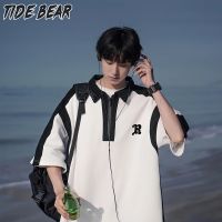 TIDE BEAR เสื้อยืดโปโล ผู้ชายเสื้อสเวตเตอร์ปักลายครึ่งคอเสื้อโปโลมีซิปดีไซน์ให้เสื้อโค้ตทรงหลวมสำหรับผู้ชาย