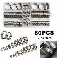 ∈ 80Pcs 7-23.5mm Single Ear Stepless Hose Clamps 304 Stainless Steel Hose Clamp Worm Drive Fuel Water Hose Clamps