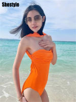 Shestyle Backless Orange Halter Bodysuits Women Cross Ruched Solid Sleeveless Slash Neck New Arrivals Vacation Clothes Beachwear