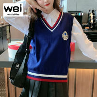 WEISHIBLUE เสื้อสเวตเตอร์ถักสตรีสไตล์วิทยาลัย,เสื้อกั๊กแบบสวมศีรษะคอวีใส่ได้กับทุกชุดสไตล์เกาหลี