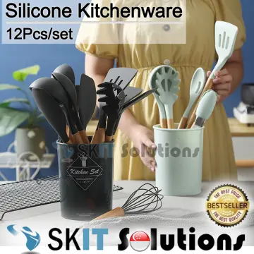 12pcs, Silicone Utensil Set, Khaki Kitchen Utensil Set With Wooden