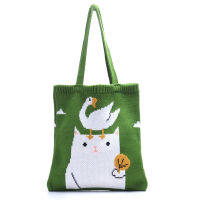 Teenager Knitted Soft Anime Cat Top-handle Tote Bag Female Student Japanese Korean High Street Crochet Soft Shopper Handbag