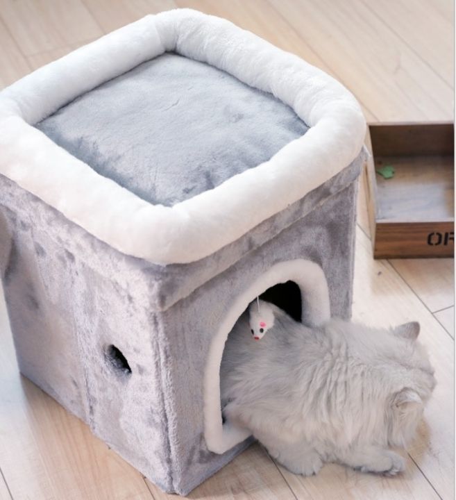 neko-care-ที่นอนแมว-แบบกล่อง2ชั้น-บ้านแมวแบบทรงสี่เหลี่ยม-คอนโดแมว-2ชั้น-บ้านแมว-แบบทรงตึก2ชั้น-นอนได้-2-ตัว-ขนาด-42x31x31ซม-สีเทา