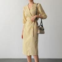 ¤ Zuoan Korean Lace Up Plaid Wrap Dress Linen Women Midi Dress