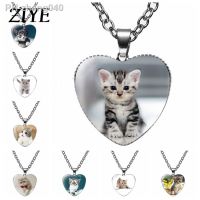 Fashion Cute Cat Kittens Heart Necklace Animals Glass Cabochon Pendant Necklace Woman Child Pets Lovers Jewelry Accessorie Gifts