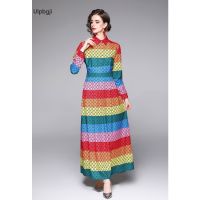 Designer Runway Dress Long Sleeve Maxi Dress Womens Turn Down Collar Hit Color Rose Floral Print Vintage Long Dress