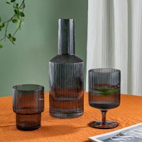 【CW】∈◇✇  Smoke Gray Glass Cold Kettle Drink Cup Set Dessert Goblet Juice Bottle Drinkware