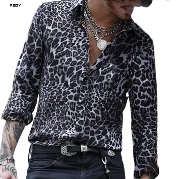 Luxury Mens Leopard Print Long Sleeve Slim Blouse Stylish Club Shirt Top