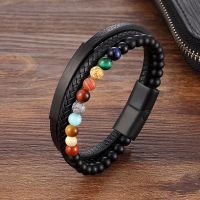 Fashion New 6MM Natural Stone Men celet Multi-layer Luxury Style Handmade Weaved Leather Stainless Steel Bangle For Boys Gift