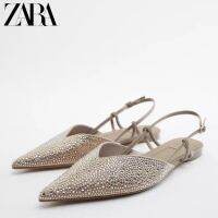 Womens shoes 2022 ZARAˉsummer new gold rhinestone plated metal layer slingback pointed toe flat mules