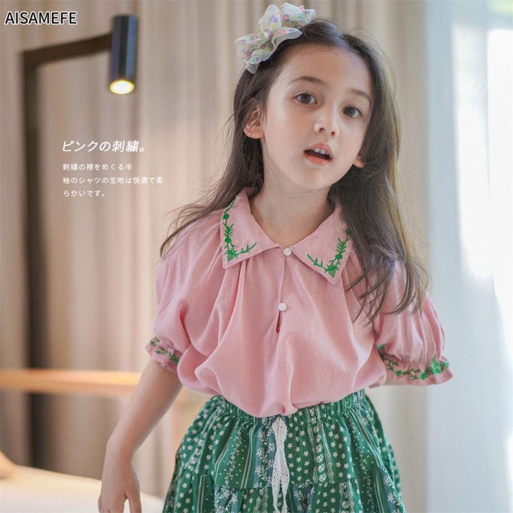aisamefe-2022ฤดูใบไม้ผลิฤดูร้อนใหม่เกาหลีเสื้อผ้าเด็กสาวน่ารักแฟชั่นปักเสื้อ-กางเกงขากว้างชุดเด็ก1-8y