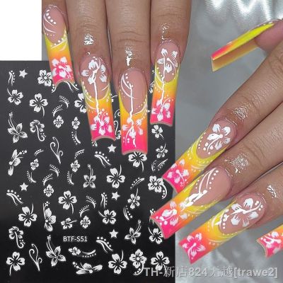 【LZ】❍✸  3D Hibiscus Flower Nail Stickers Summer Decor Pink White Flowers Nail Decals Tropical Leaves Sliders Manicure Foils GLBTF-S50