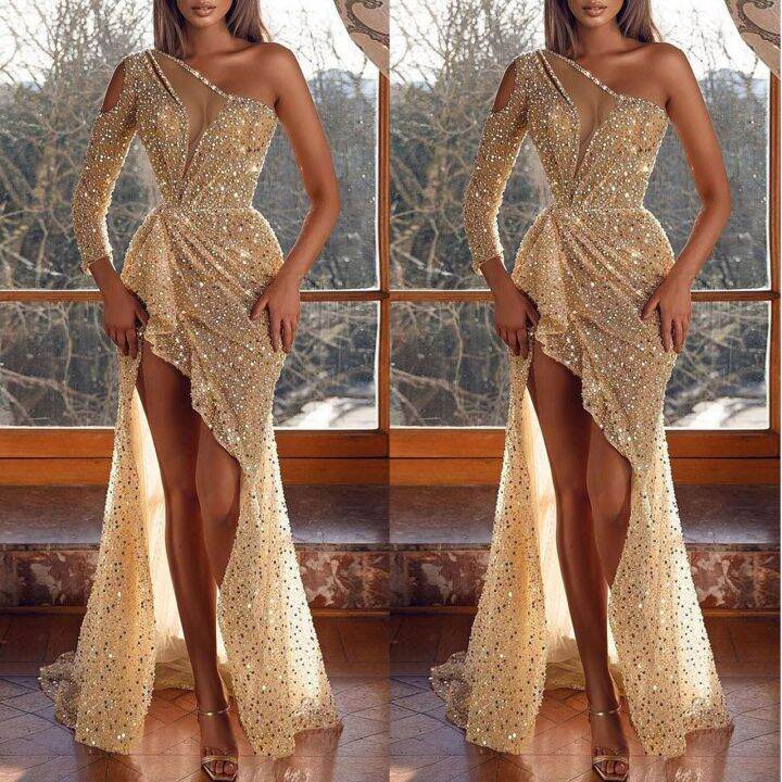 Plataz Sexy Dress Sequin Stitching Mesh Shoulder Slimming Evening HZ1007 main image 0