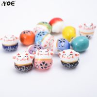 10/20/30pcs 14mm Lucky Cat Ceramic Beads Colorful Horizontal Hole Loose Jewelry Porcelain Beads for Jewelry Making Bracelet