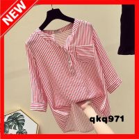 qkq971 Womens Classic Striped Shirt Summer Plain Half Sleeve Blouse Fashion Loose Button Up Top