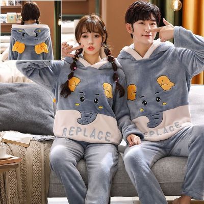 MUJI High quality couple autumn and winter pajamas female coral fleece Korean style students cute thickened warm mens flannel home clothes suit