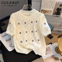 OULINNA เสื้อถักแบบสวมหัวแขนสั้นศิลปะ2023ฤดูร้อนปักรอบคอ