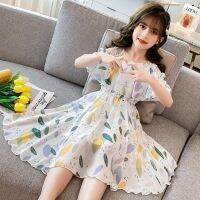 2023 teens Summer baby Girls Dress Clothes mesh leaf Bohemian Floral Off Shoulder chiffon Long Beach 3 4 5 6 7 8 9 10 12 years  by Hs2023