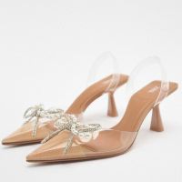 【ready stock】NewZARA-High heel pointed bow pearl jewelry PVC slim heel fashion sandals for women