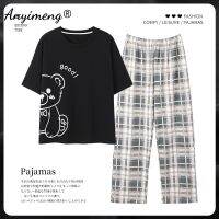 Young Ladys Summer Pajama Sets Cool Rabbit Printing Cotton Pijamas Womens Short-sleeved Long Trousers Teen Girls Kawaii Pjs