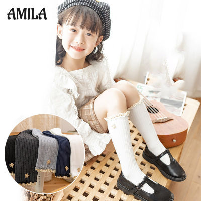 AMILA ถุงเท้าระดับเข่าเด็กถุงเท้าผ้าฝ้ายเด็กผู้หญิงถุงเท้าลูกไม้เล็กใหม่