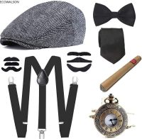 1920s men costume accessories set mensby gangster costume hat, y-back suspenders, bow tie, watch, beard