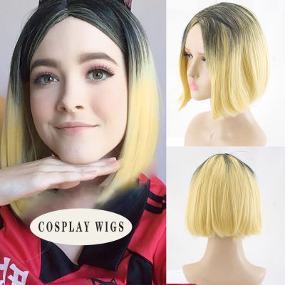 SHANGKE Synthetic Cosplay Anime Wig Short Straight Bob Wig Middle Part Black Blonde Ombre Wigs For Women Costumes Kenma Kozume