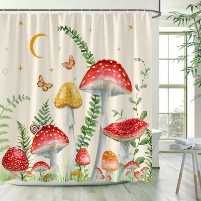 Mushroom Shower Curtains Butterfly Green Leaves Rustic Forest Plant Bath Curtain Polyester Fabric Bathroom Decoration with Hooks