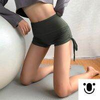 Womens Sports plus Size Nude Feel High Elastic Peach Hip Strap Fitness Hip Tight Drawstring Yoga Shorts