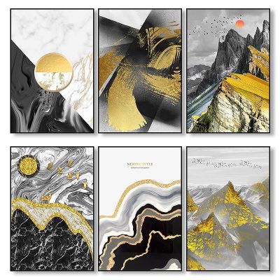 Nordic บทคัดย่อ Geometric Mountain Landscape Wall Art ภาพวาดผ้าใบ Golden Sun Art โปสเตอร์พิมพ์ภาพผนังสำหรับห้องนั่งเล่น New