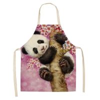 Cute Panda Print Kitchen Aprons for Woman Sleeveless Cotton Linen Apron Bibs Home Household Cleaning Baking Cooking Accessories Aprons