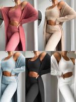 Women Knitted Plush Comfy Outfit Set Lounge Wear Plush Crop Top And Cardigan And Long Trousers Pants 3 Piece Set