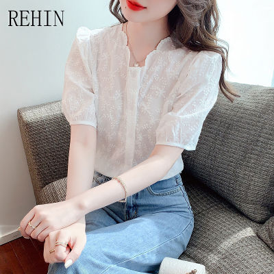 REHIN เสื้อแขนสั้นผู้หญิง,เสื้อคอวีแขนพองหวานฝรั่งเศสฤดูร้อนสไตล์เกาหลีแบบใหม่แฟชั่น