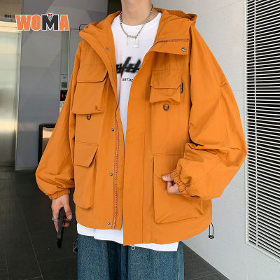 WOMA  เสื้อแจ็คเก็ตสินค้าแบบมีกระเป๋าหลายช่องของผู้ชายสีทึบ Jaket Daki Gunung คู่