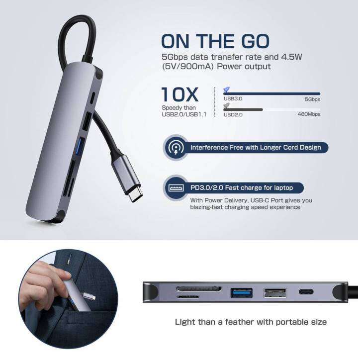 อะแดปเตอร์ฮับ-ฮับ-6-in-1-usb-c-hub-type-c-เป็น-usb-3-0-60w-pd-usb-2-0-hdmi-4k-การ์ดรีดเดอร์-sd-tf