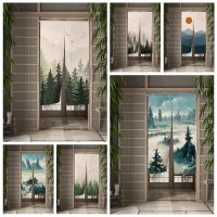 【YD】 Noren Misty Door Curtain Watercolor Foggy Jungle Trees Doorway Hanging Half-curtain Room