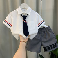 Boys Preppy Style Suit 2023 New Fashion Baby Summer Short-Sleeved School Uniform Childrens Ruan Shuai Fried Street Two-Piece Suit