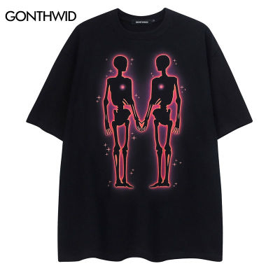 Hip Hop Men T Shirt Skull Skeleton Letter พิมพ์ Tshirt Streetwear Hip Hop Punk Gothic เสื้อแฟชั่น Harajuku เสื้อยืดผู้หญิง